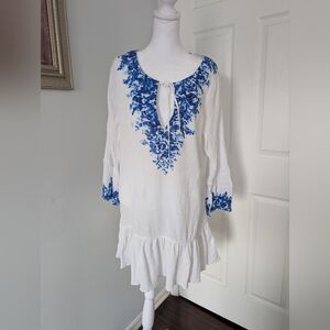 Ralph Lauren Women's White and Blue Cotton Blouse